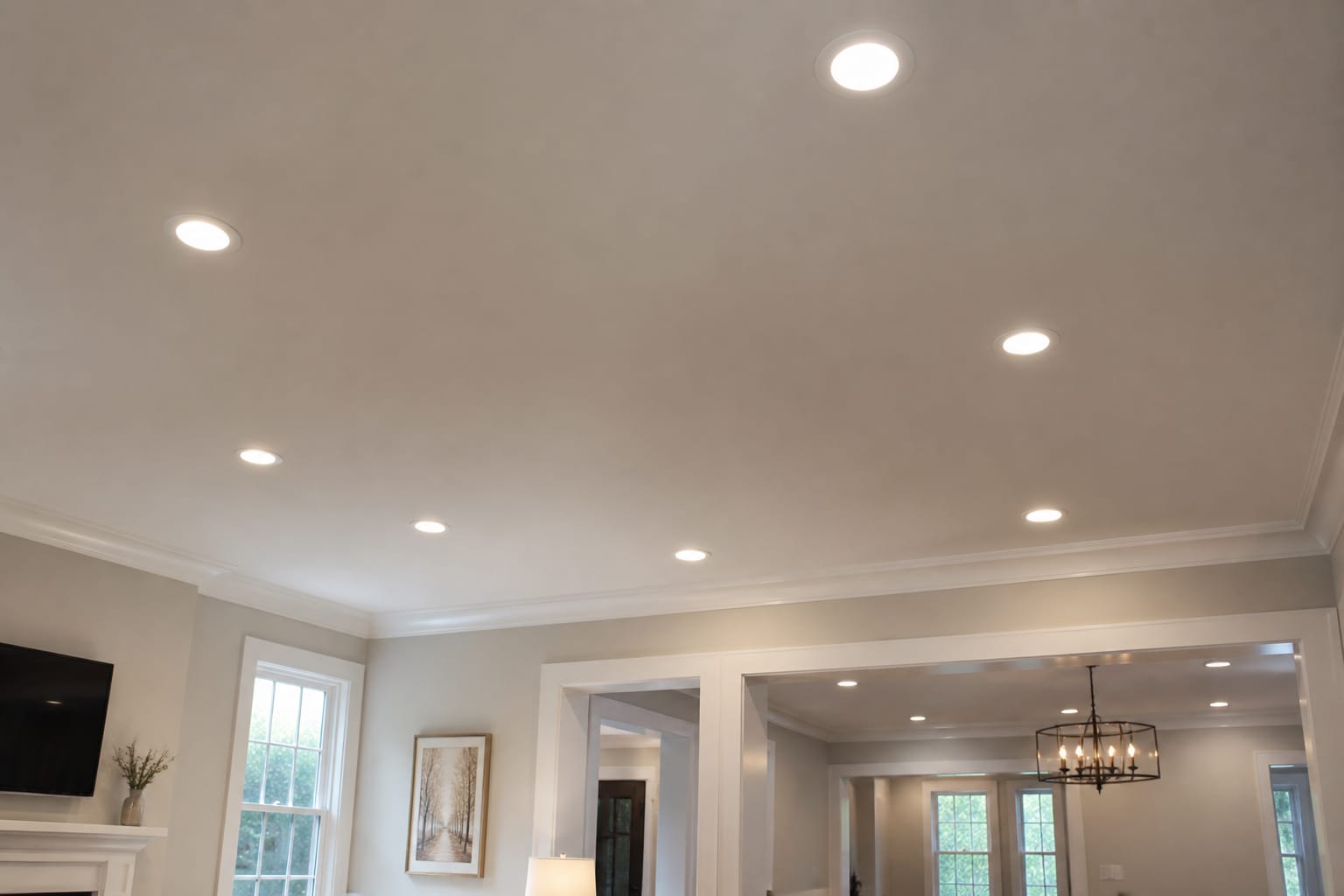 Freshly installed recessed lighting in a finished room