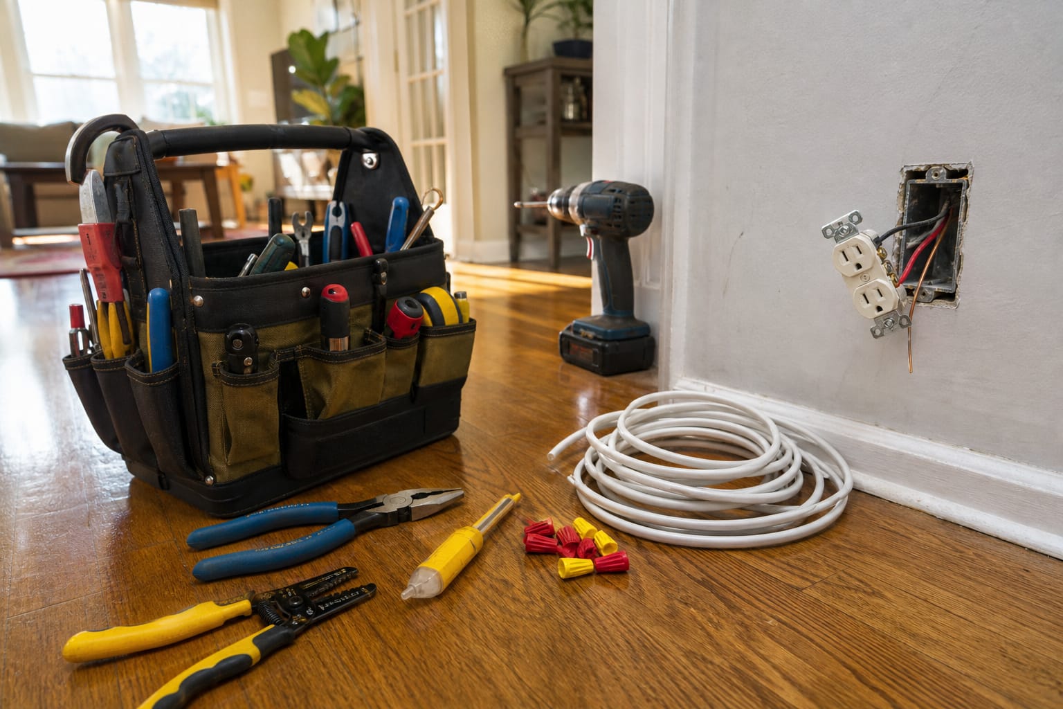 An electrician's tools laid out during a job in a Charlotte home