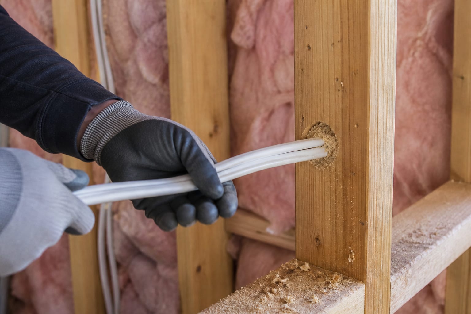 An electrician pulling new wiring during a home rewire