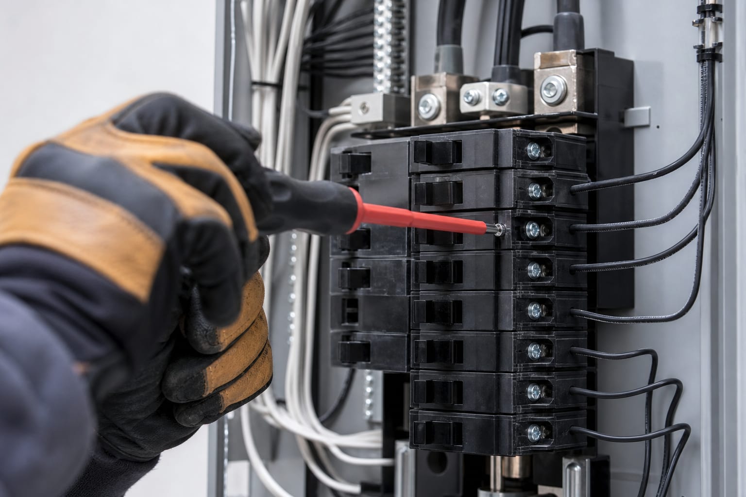 An electrician installing a clean, modern breaker panel