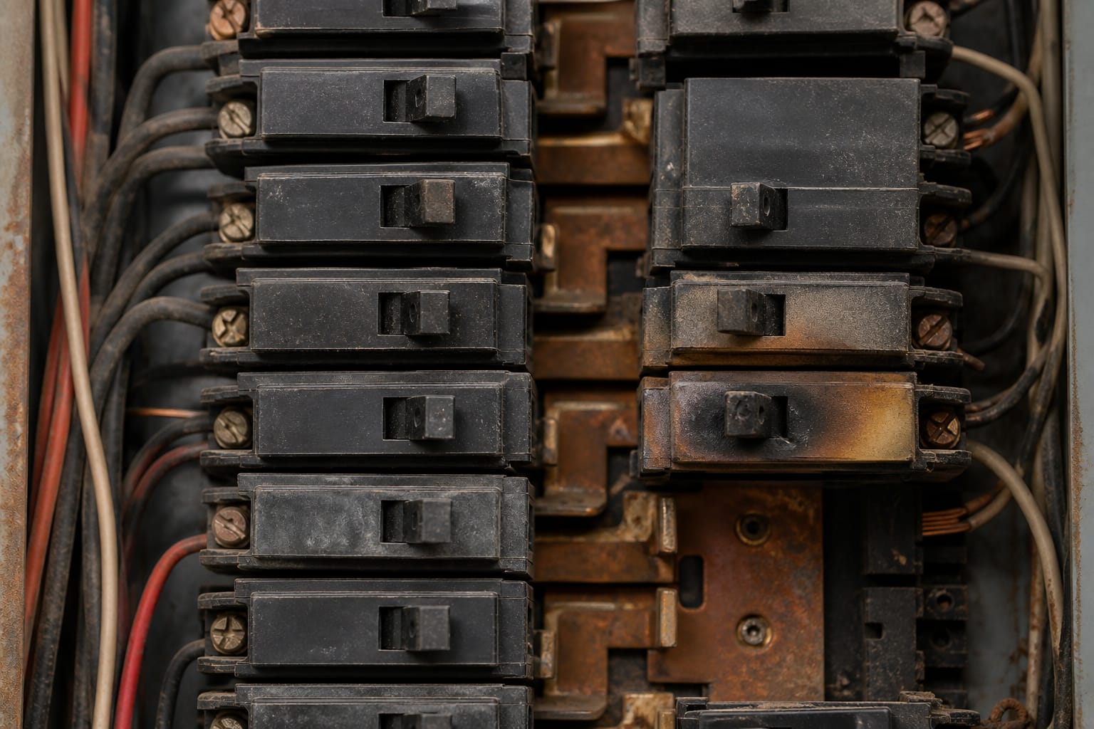 An aged breaker panel with heat-damaged, corroded breakers