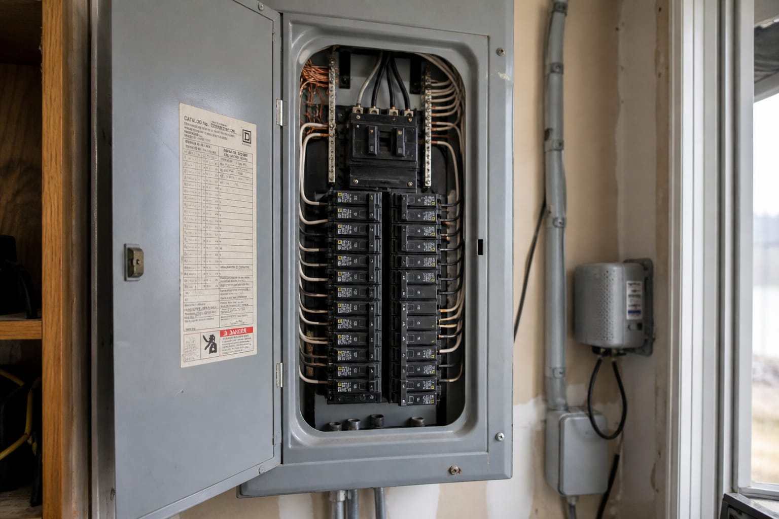 An open residential electrical breaker panel