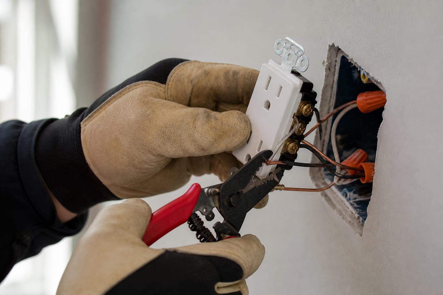 An electrician wiring a residential outlet to code